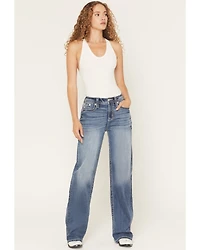 Miss Me Women's Medium Wash Mid Rise Paisley Pocket Slim 32" Bootcut Stretch Denim Jeans