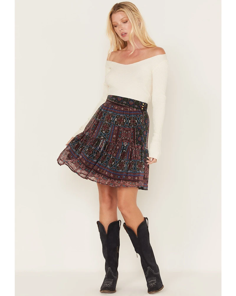 Molly Bracken Women's Metallic Floral Stripe Tiered Skirt