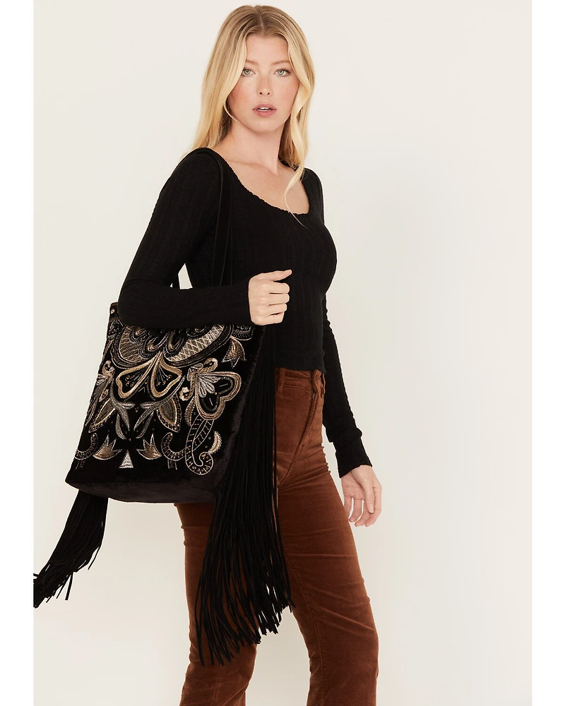 Shyanne Women's Velvet Embroidered Beaded & Fringe Tote