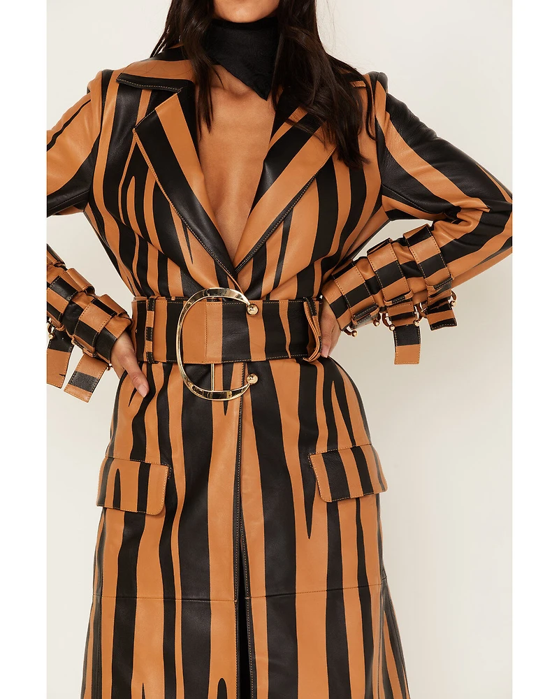 DANCASSAB Women's Diana Zebra Stripe Leather Coat