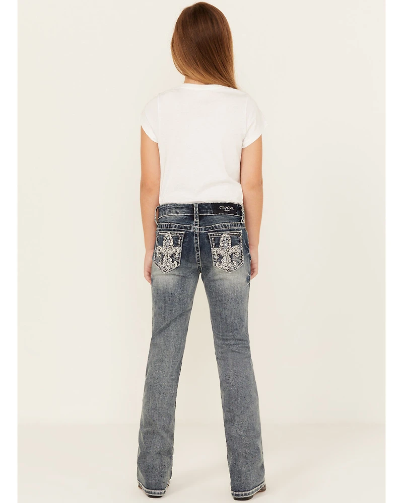 Grace LA Girls' Dark Wash Fleur De Lis Bootcut Stretch Denim Jeans