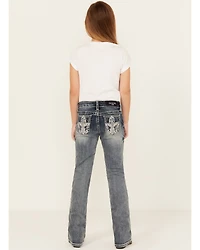 Grace LA Girls' Dark Wash Fleur De Lis Bootcut Stretch Denim Jeans