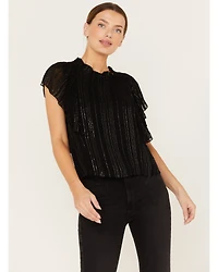 Revel Women's Metallic Striped Flutter Silver Top