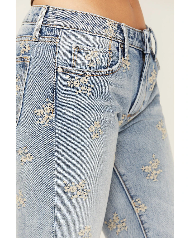 Driftwood Women's Eva Light Wash Low Rise Floral Flare Jeans
