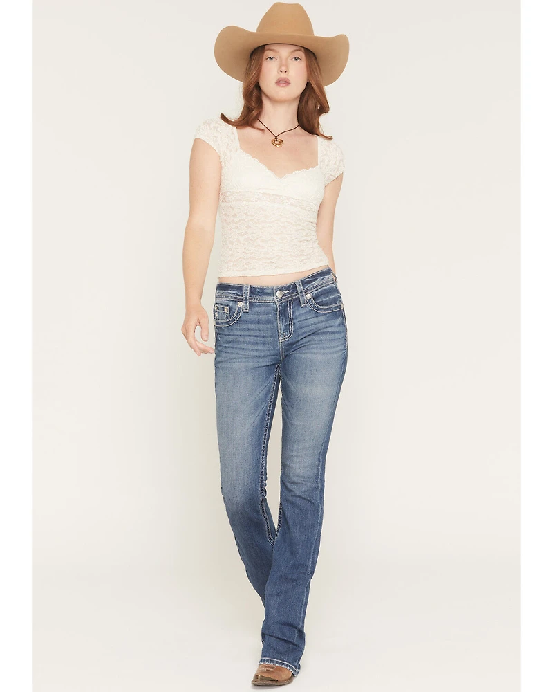 Miss Me Women's Medium Wash Mid Rise Wing Pocket 34" Bootcut Stretch Denim Jeans