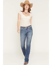 Miss Me Women's Medium Wash Mid Rise Wing Pocket 34" Bootcut Stretch Denim Jeans