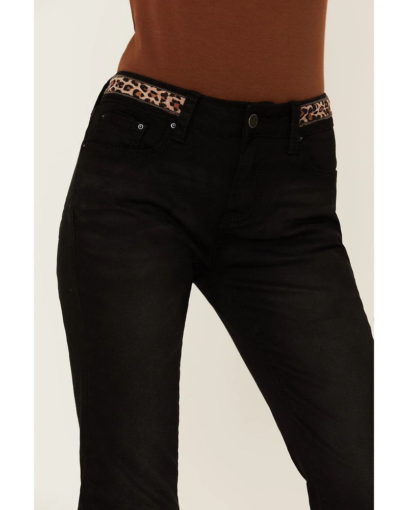Grace LA Women's Embroidered Cheetah Print Black Skinny Jeans