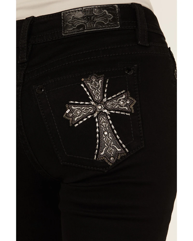 Miss Me Women's Mid Rise Cross Pocket 32" Bootcut Stretch Denim Jeans