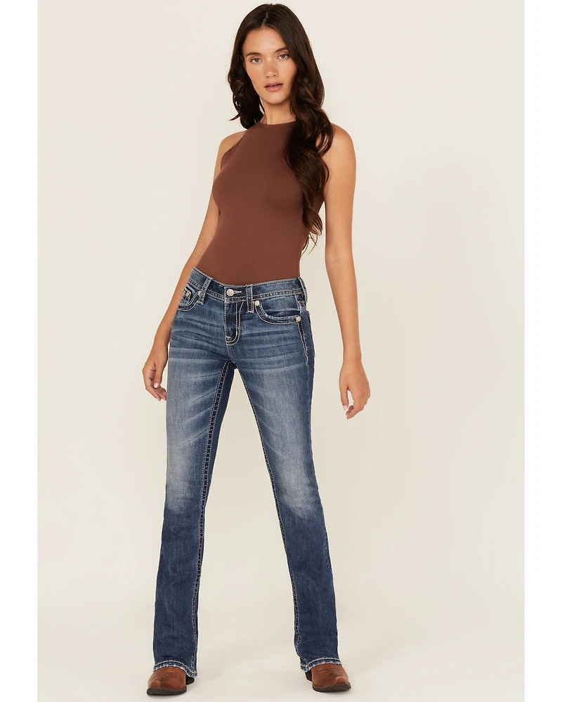 Miss Me Women's Medium Wash Mid Rise 32" Bootcut Stretch Denim Jeans