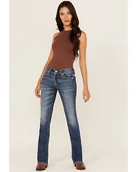 Miss Me Women's Medium Wash Mid Rise 32" Bootcut Stretch Denim Jeans