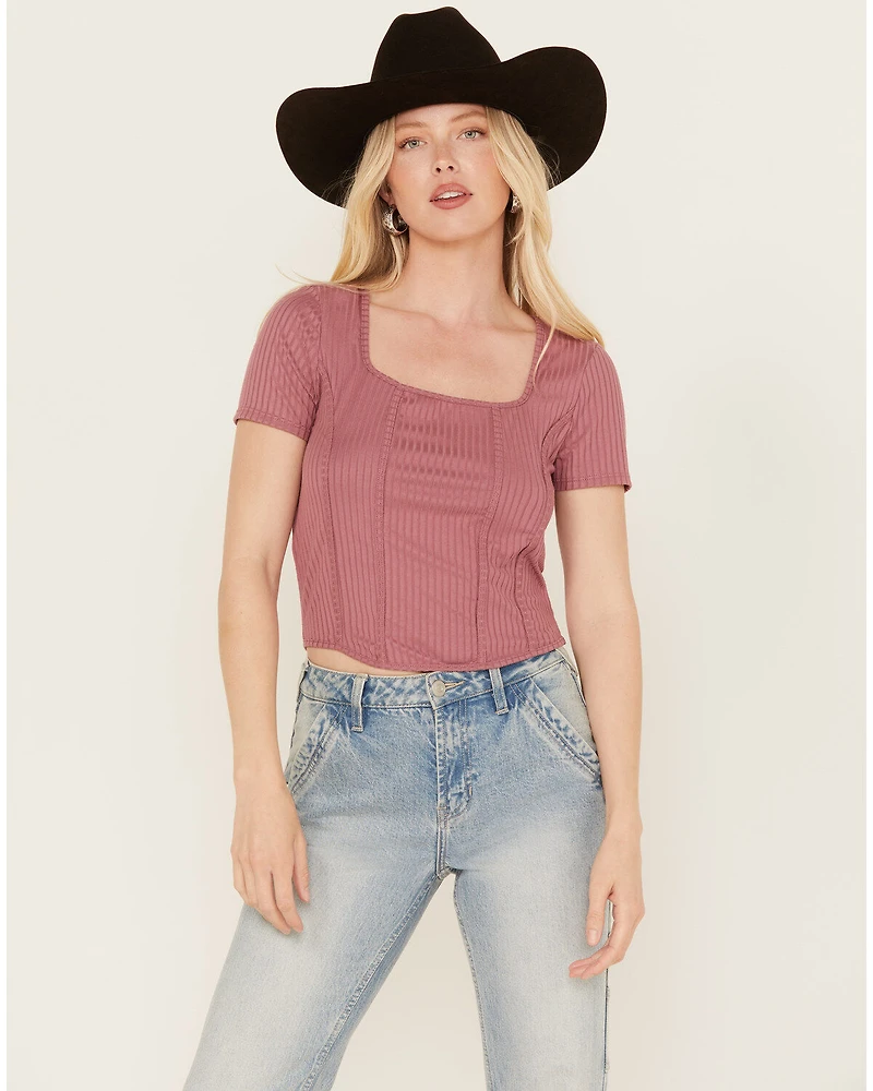 Moa Women's Ribbed Corset Style Short Sleeve Top