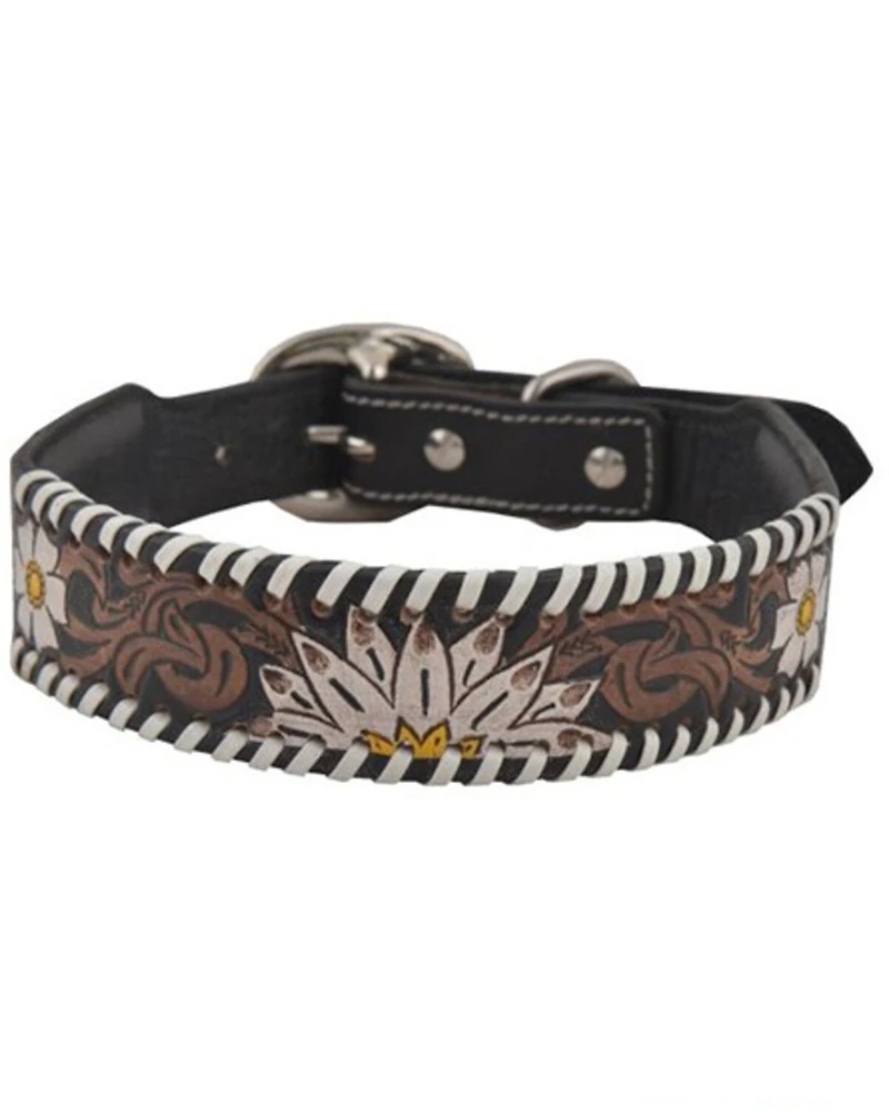 Myra Bag Daisy Hand Tooled Leather Dog Collar