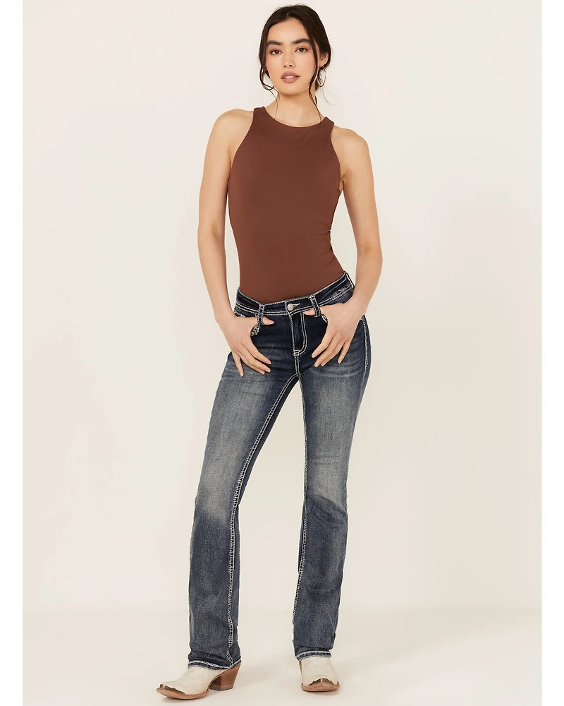 Grace LA Women's Medium Wash Sequin Cow Skull Mid Rise Bootcut Stretch Denim Jeans