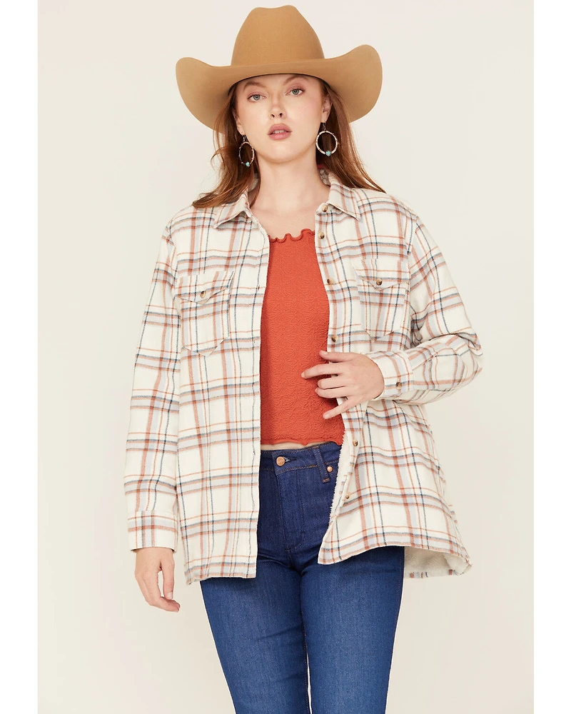 Ely Walker Women's Plaid Print Sherpa Lined Button-Down Shacket