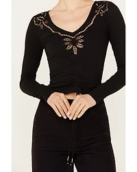 Shyanne Women's Long Sleeve Cutwork Front Tie Top