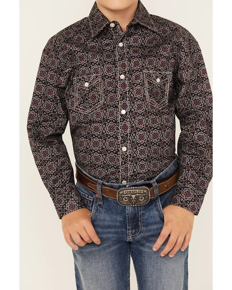 Rock & Roll Denim Boys' Medallion Print Long Sleeve Pearl Snap Stretch Shirt