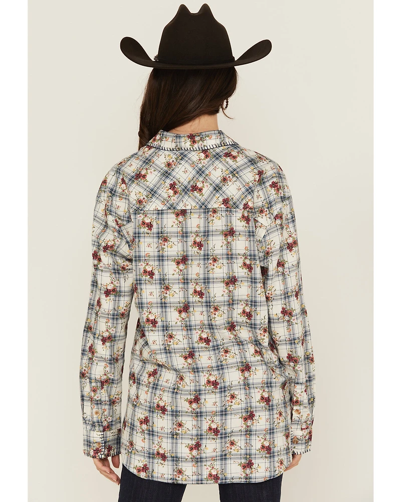 Evergreen Women's Floral Plaid Print Long Sleeve Button-Down Western Shirt