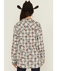 Evergreen Women's Floral Plaid Print Long Sleeve Button-Down Western Shirt