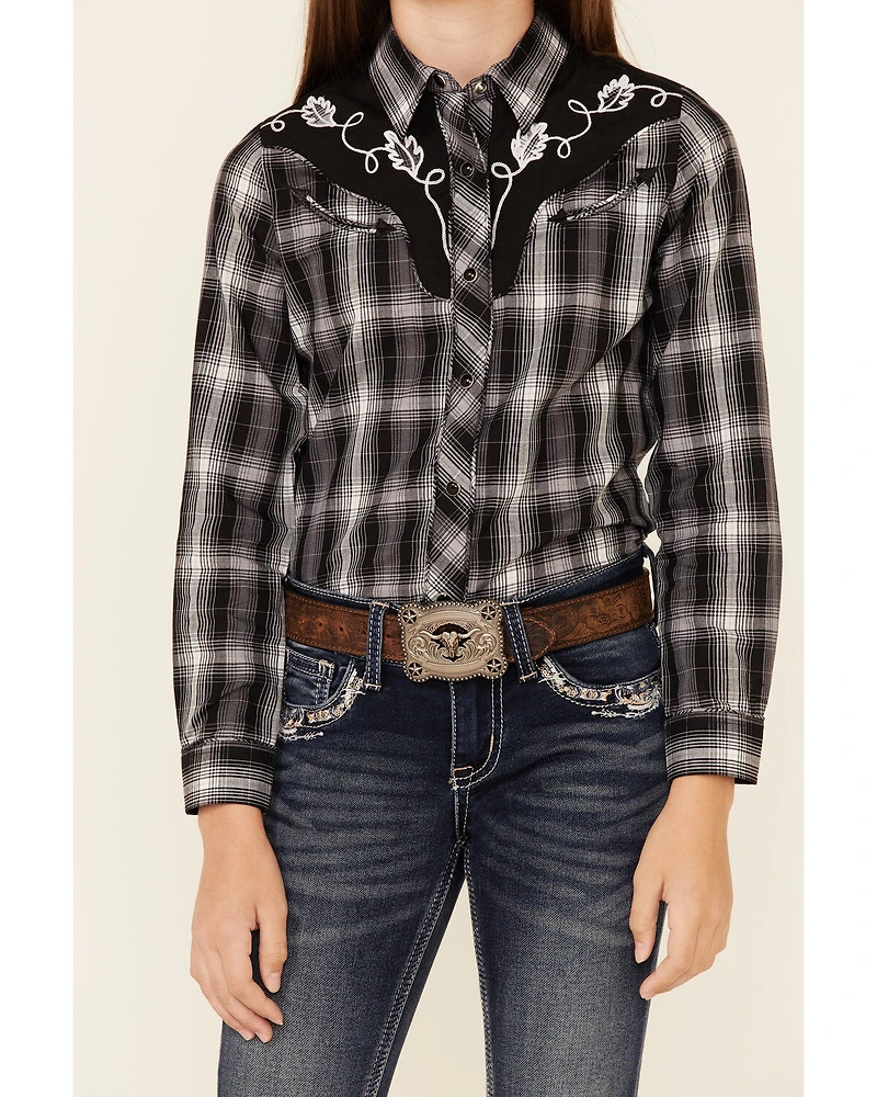 Roper Girls' Plaid Print Fancy Applique Yoke Long Sleeve Snap Western Shirt
