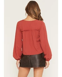 Eyeshadow Women's Long Sleeve Lace Contrast Peasant Top