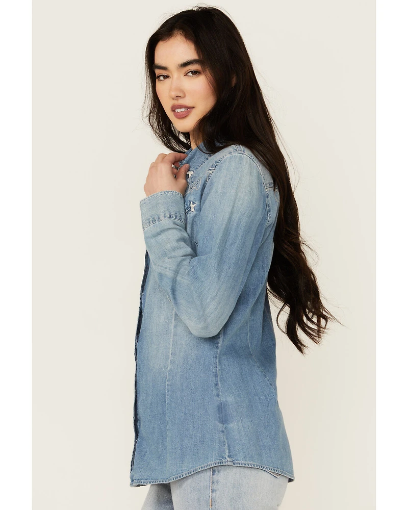 Wrangler Retro Women's Light Wash Embroidered Long Sleeve Pearl Snap Denim Western Shirt