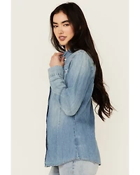 Wrangler Retro Women's Light Wash Embroidered Long Sleeve Pearl Snap Denim Western Shirt