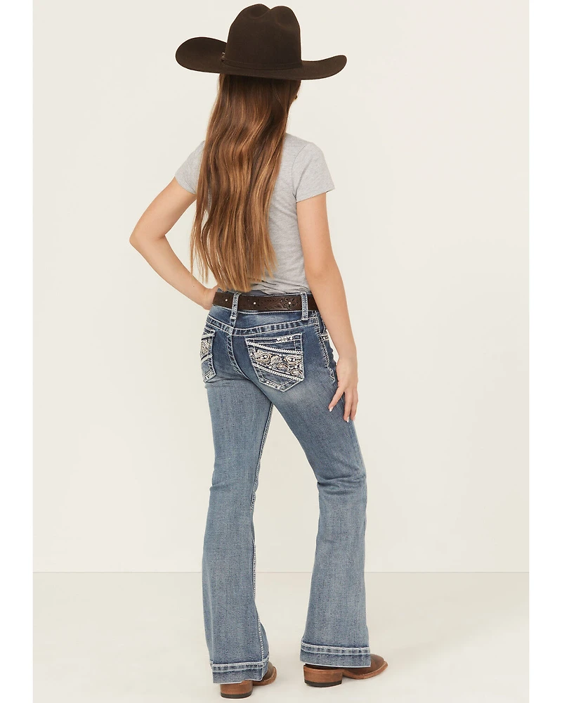 Grace LA Girls' Medium Wash Paisley Pocket Bootcut Stretch Denim Jeans