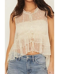 Originality Women's Lace Tie-Front Sleeveless Ruffle Top