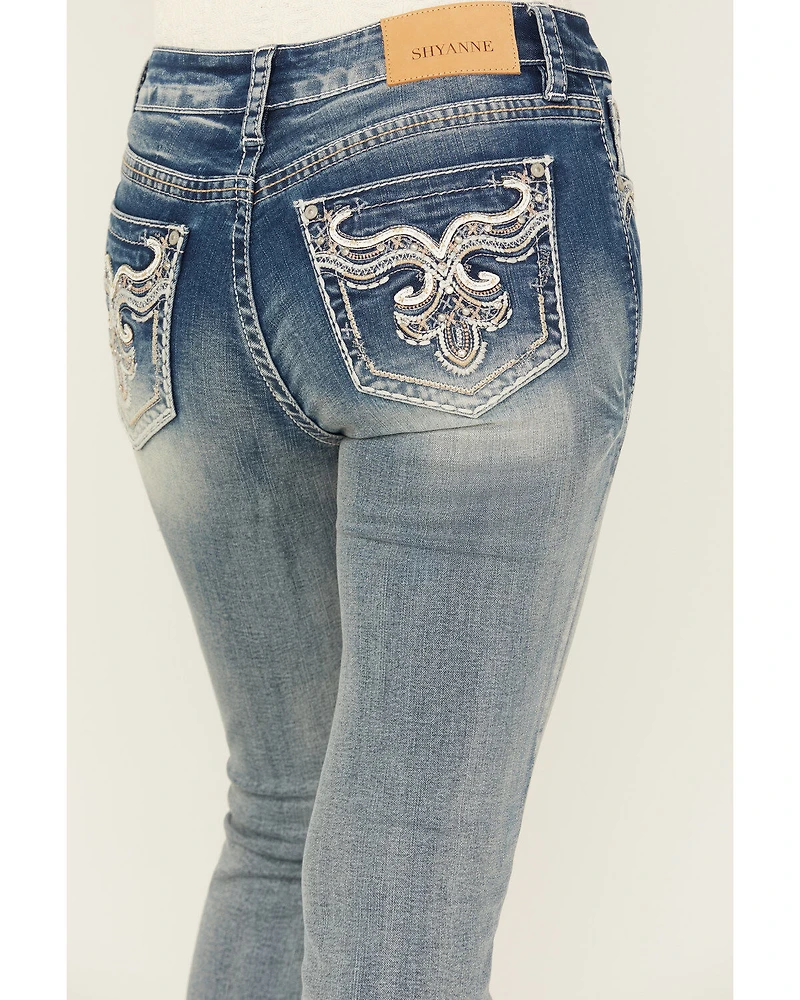 Shyanne Women's Embroidered Pocket Light Wash Mid Rise Bootcut Stretch Denim Jeans