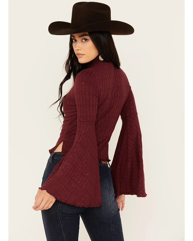 Shyanne Women's Rib Knit Mock Neck Bell Sleeve Top