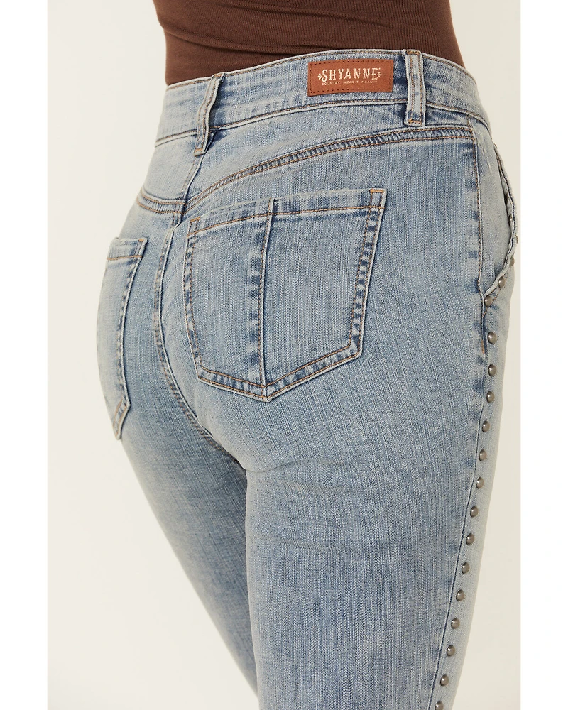Shyanne Women's Tansy Medium Wash High Rise Fringe Stretch Flare Jeans