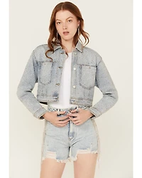Vibrant Denim Women's Light Wash Rhinestone Cropped Trucker Jacket