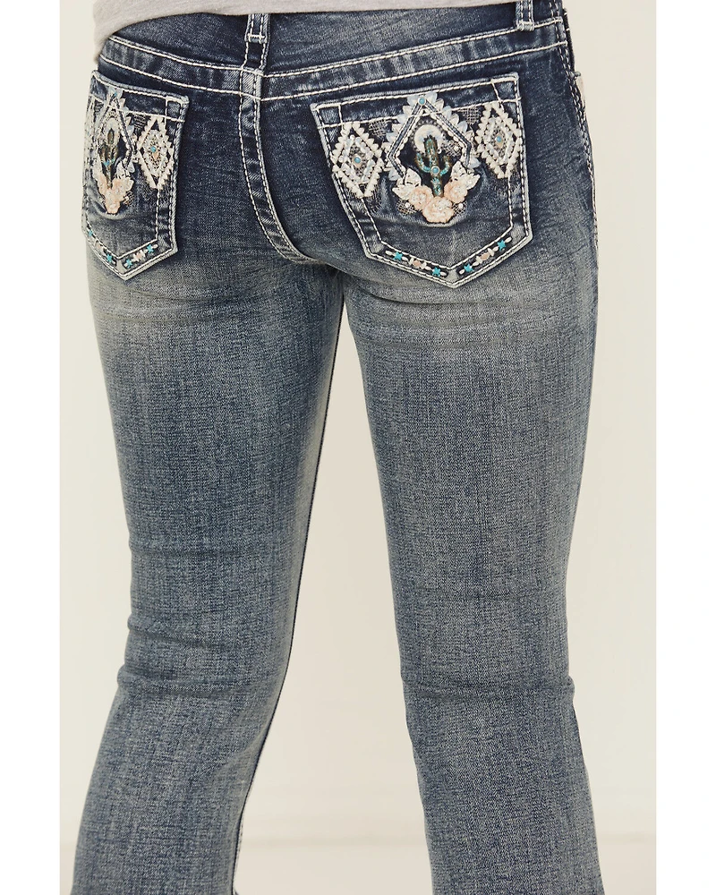 Grace LA Girls' Chevron Cactus Embroidered Bootcut Stretch Denim Jeans