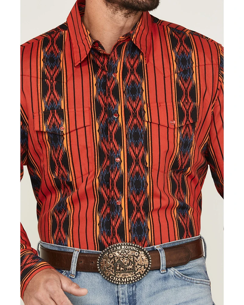 Wrangler Men's Checotah Southwestern Striped Print Long Sleeve Pearl Snap Western Shirt