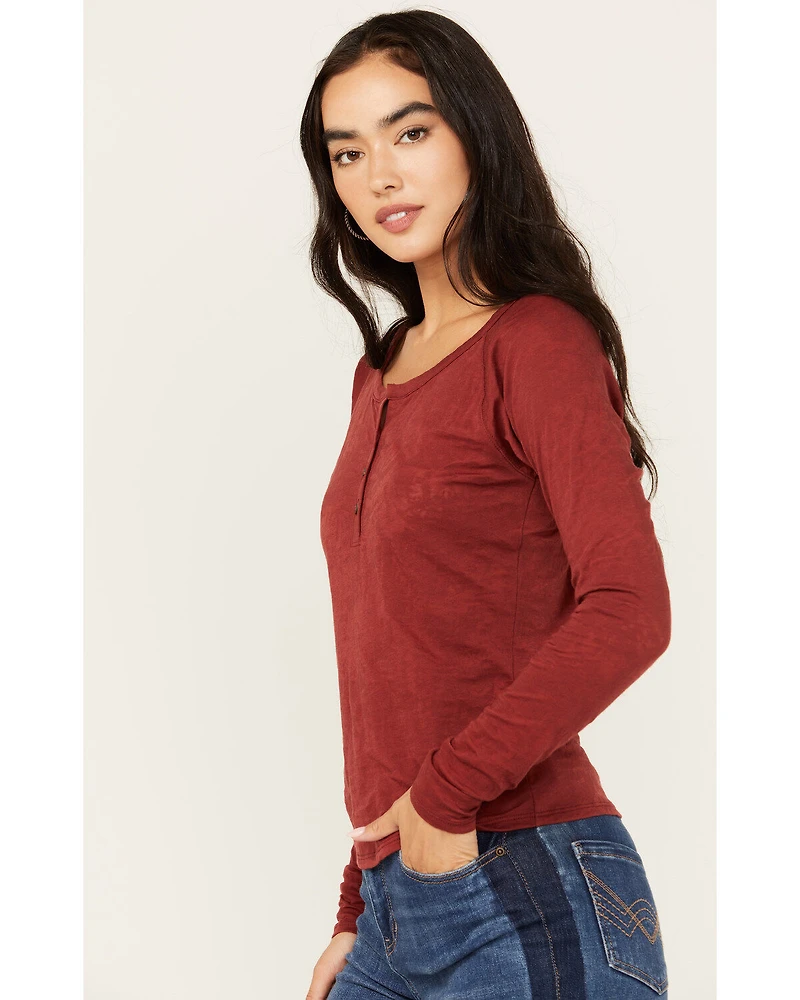 Shyanne Women's Long Sleeve Southwest Burnout Print Henley Shirt