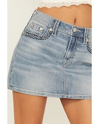 Miss Me Women's Light Wash Mid Rise Embroidered Denim Stretch Mini Skirt