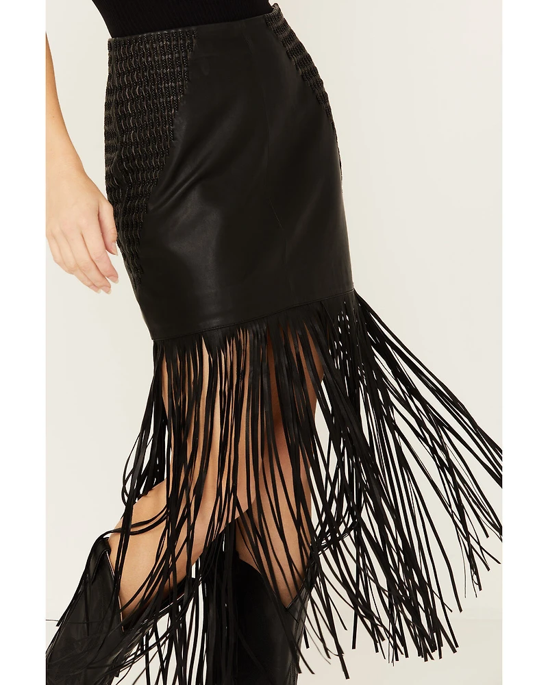 Wonderwest Women's Chain and Braid Fringe Leather Skirt
