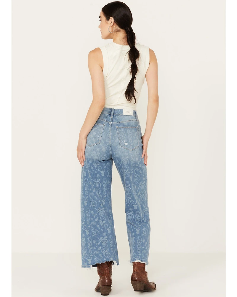 Ceros Women's Medium Wash High Rise Paisley Printed Wide Leg Straight Stretch Jeans