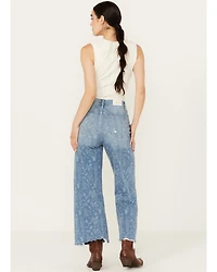 Ceros Women's Medium Wash High Rise Paisley Printed Wide Leg Straight Stretch Jeans