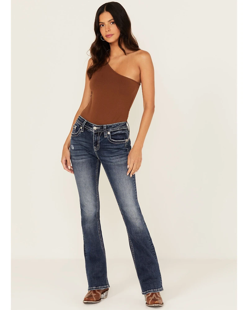 Miss Me Women's Medium Wash Mid Rise Cowhide Pocket 32" Bootcut Stretch Denim Jeans