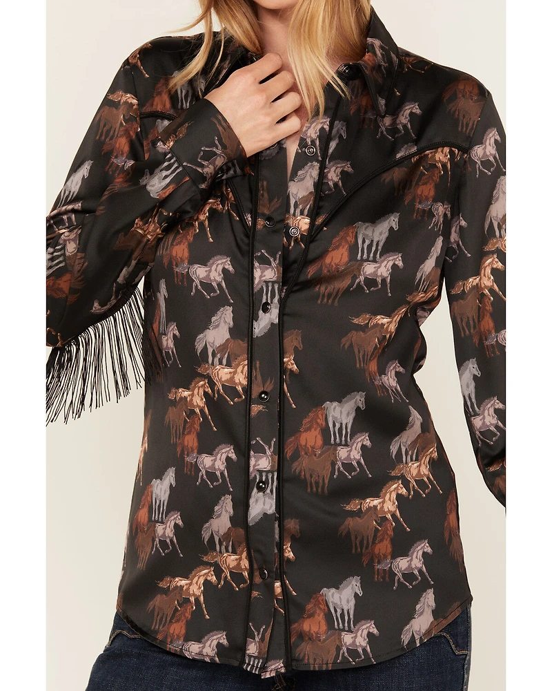 Rock & Roll Denim Women's Horse Print Fringe Long Sleeve Snap Stretch Western Shirt