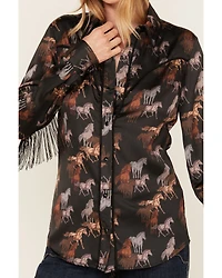 Rock & Roll Denim Women's Horse Print Fringe Long Sleeve Snap Stretch Western Shirt