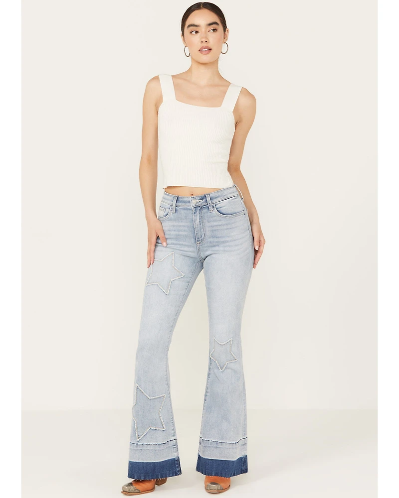 Ceros Women's Light Wash High Rise Starred Flare Stretch Jeans