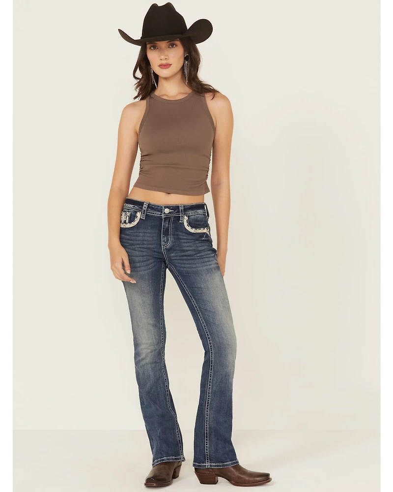 Grace LA Women's Medium Wash Diamond Embroidered Mid Rise Bootcut Stretch Denim Jeans