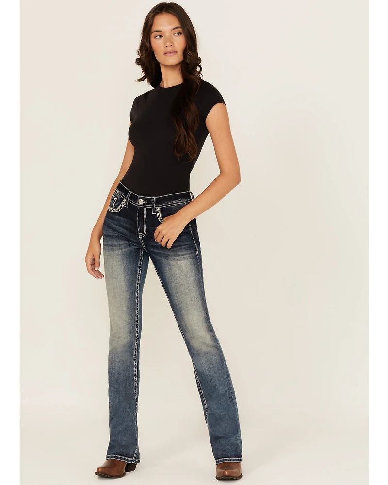 Grace LA Women's Medium Wash Steerhead Embroidered Mid Rise Bootcut Stretch Denim Jeans