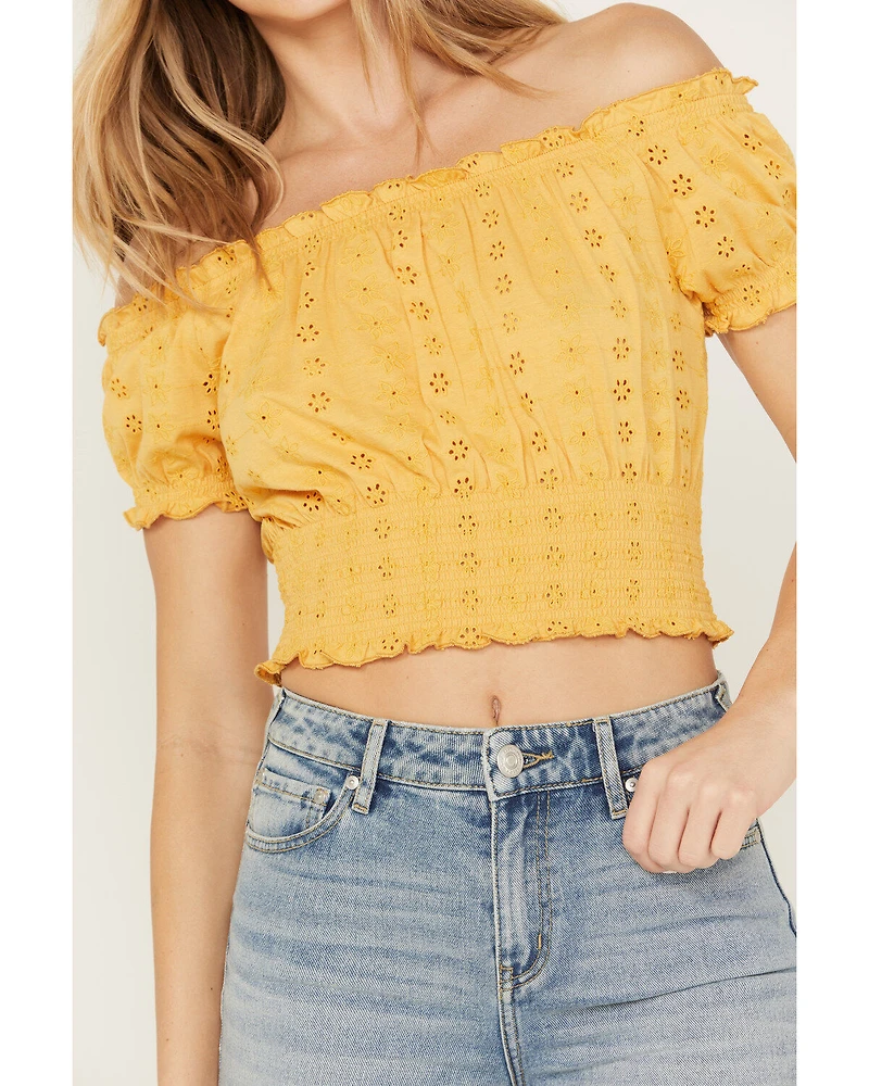 Cleo + Wolf Women's Knit Eyelet Smocked Crop Top
