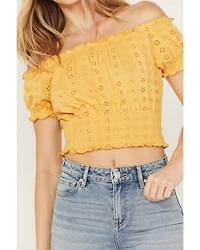 Cleo + Wolf Women's Knit Eyelet Smocked Crop Top