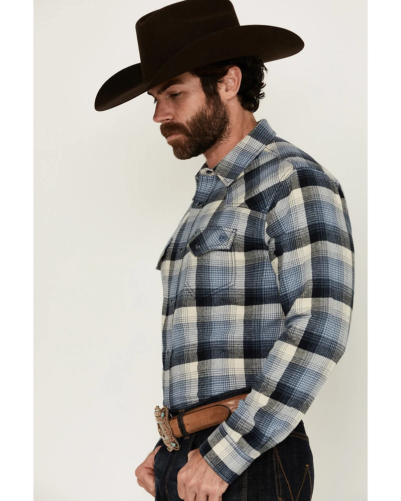 Blue Ranchwear Men's Finney Plaid Print Long Sleeve Snap Western Shirt