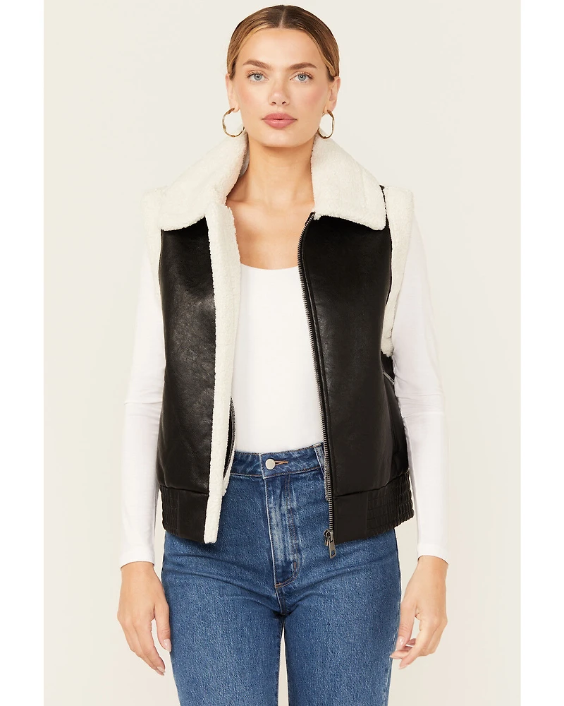 Ashley Women's Faux Leather Aviator Sherpa Zip-Up Vest