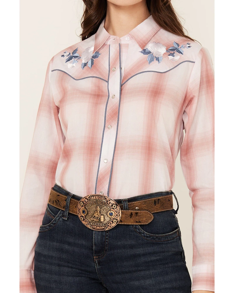 Ely Walker Women's Floral Embroidered Plaid Print Long Sleeve Pearl Snap Western Shirt